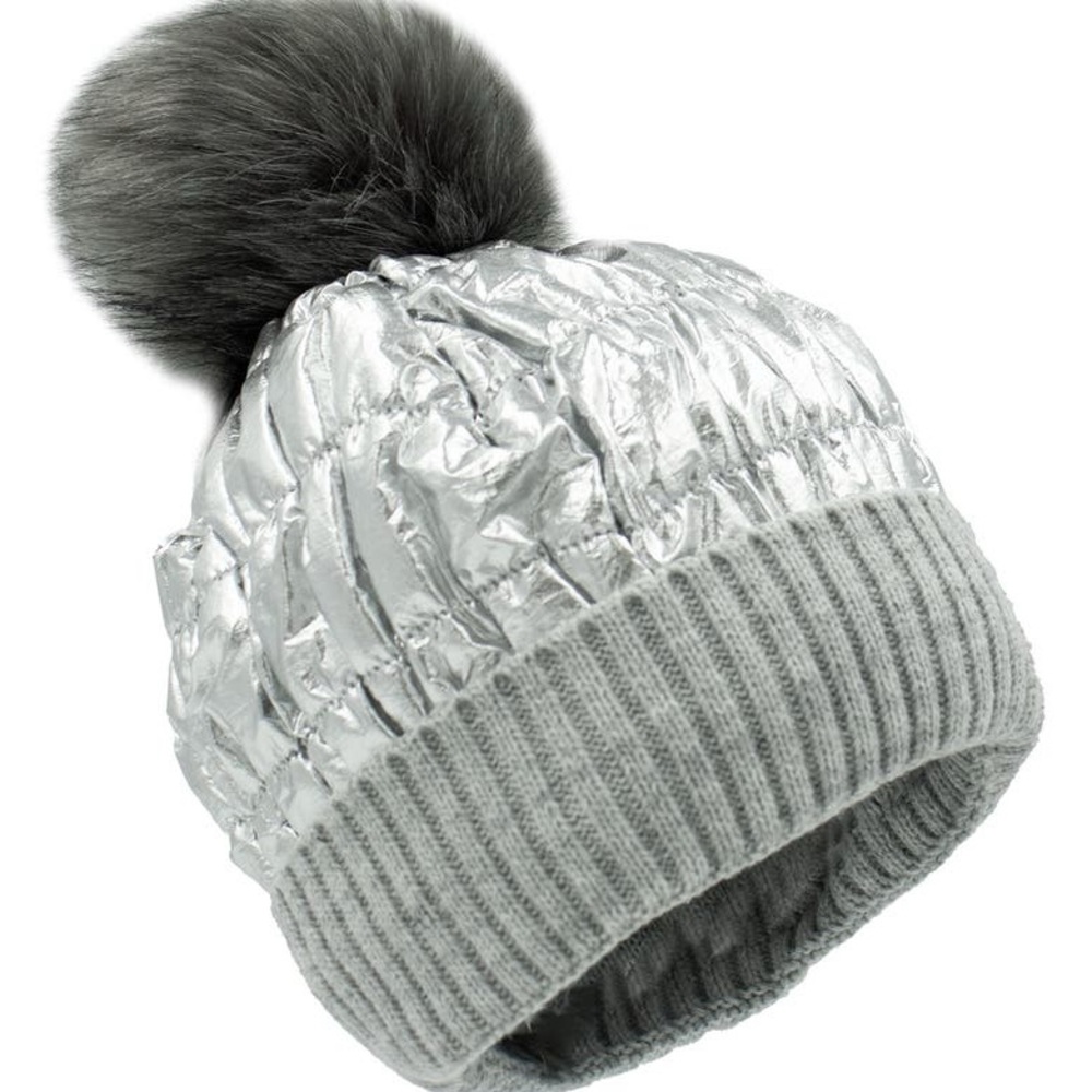 Bloomingdales Surell NWT Silver and Gray Kids Pom-Pom Hat CURRENT STYLE ONLINE
